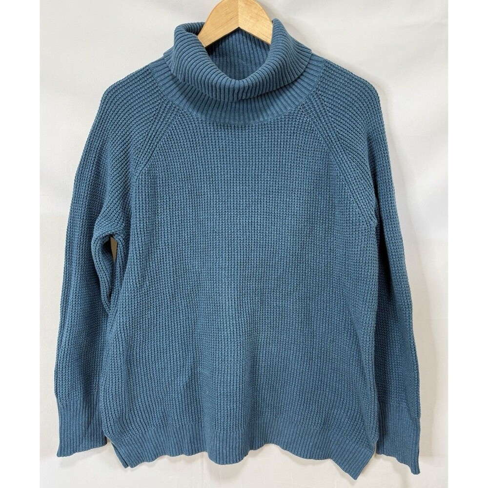 J Crew Sweater Womens Large Blue Waffle Knit Turtleneck Cotton Pullover